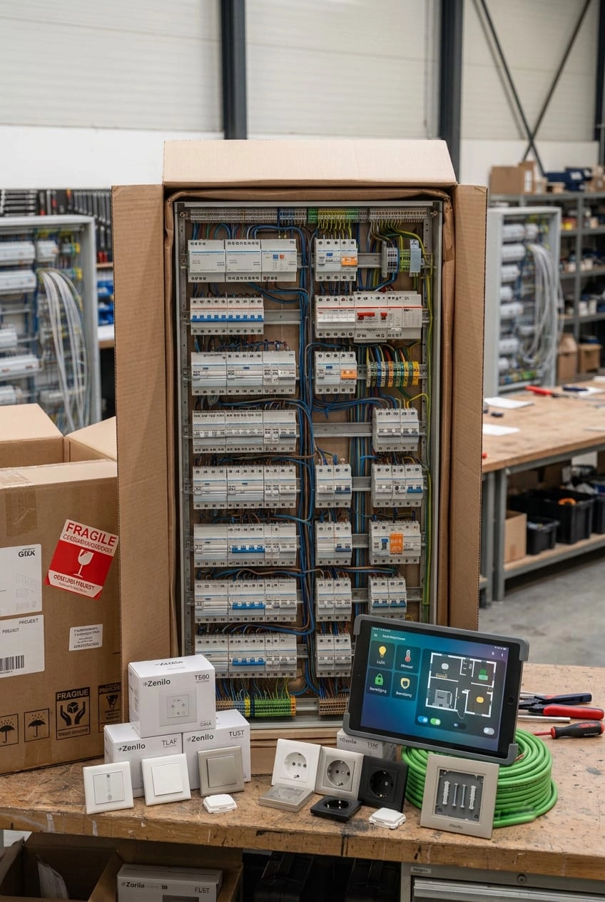 Open KNX-verdeelkast met strak gedresseerde bedrading en gelabelde modules