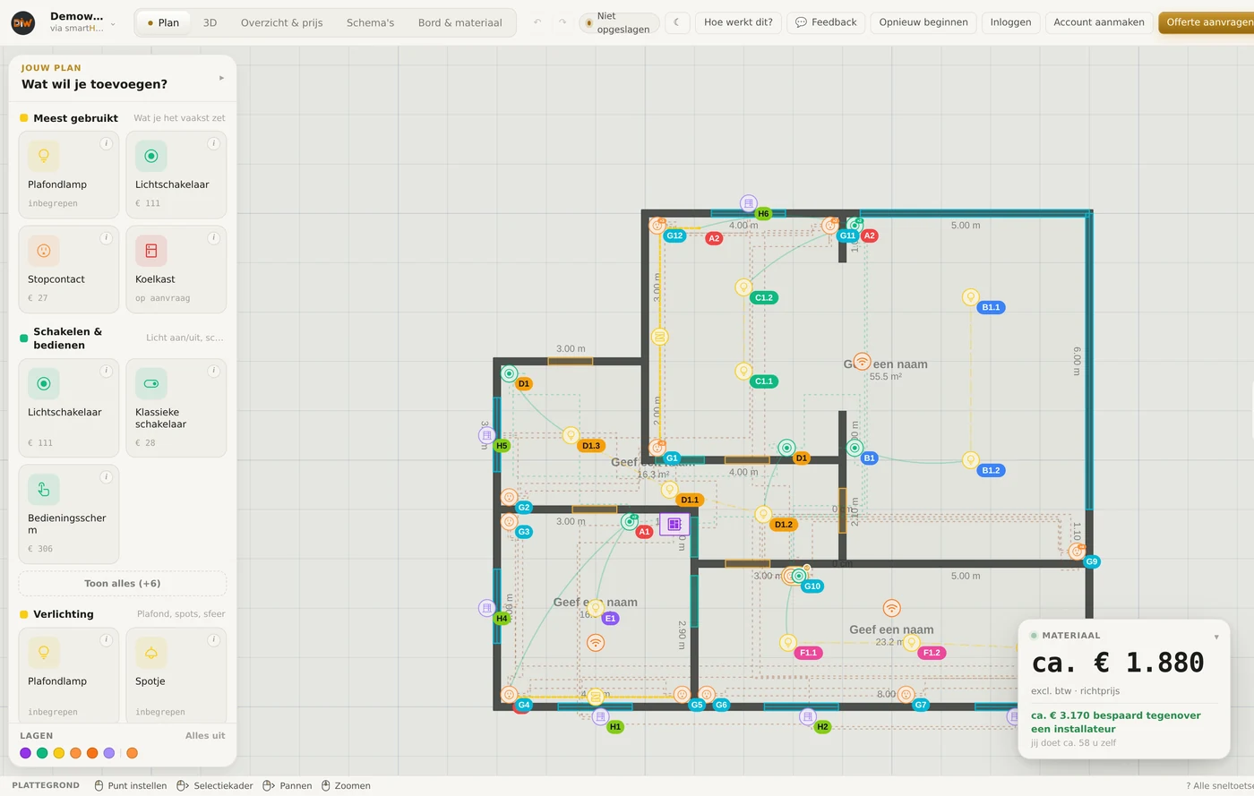 De plantool met de getekende plattegrond, de punten per kring gekleurd en de richtprijs